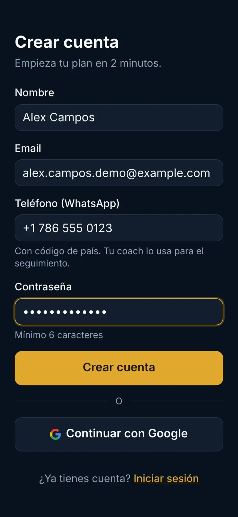 Formulario de crear cuenta con nombre, email, teléfono y contraseña rellenos