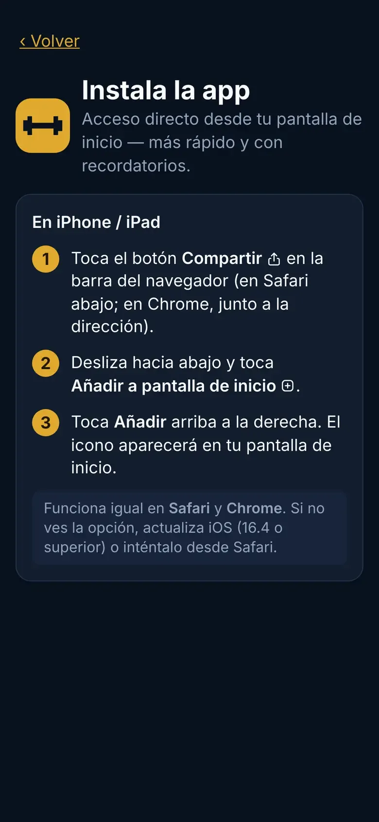 Guía de instalación en iPhone y iPad dentro de la app, con los tres pasos numerados