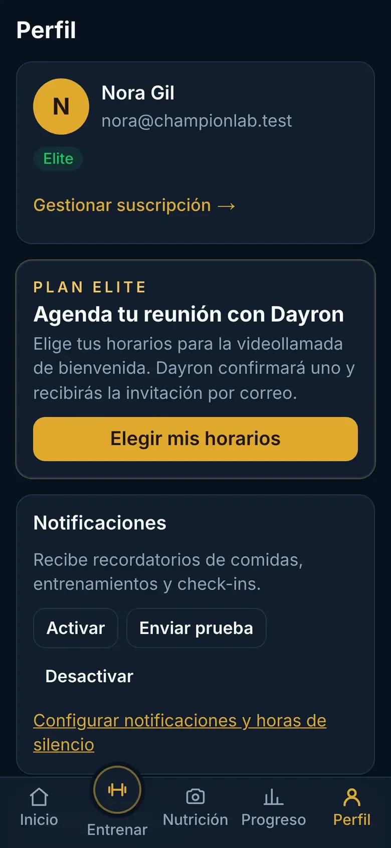 Tarjeta Plan Elite del perfil con el botón Elegir mis horarios