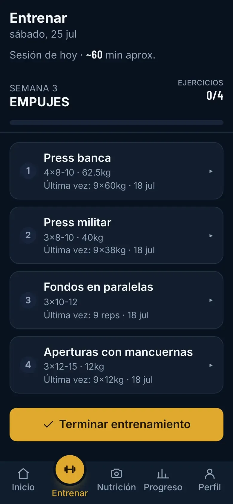 Pestaña Entrenar con la sesión del día: semana 3, EMPUJES, cuatro ejercicios y progreso 0/4