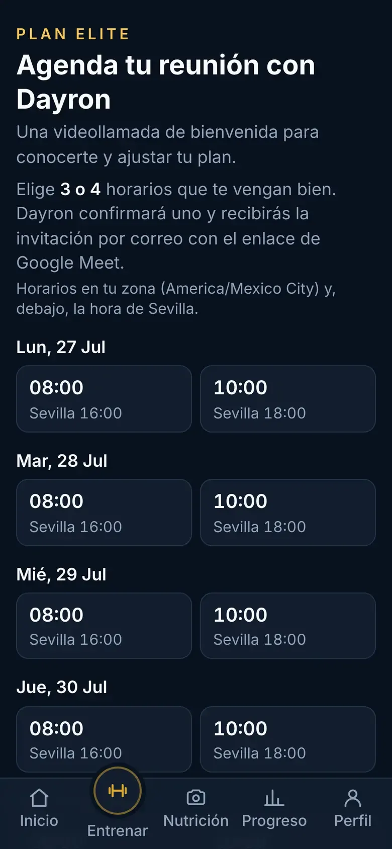 Selector de horarios agrupados por día, con la hora local de la atleta y la hora de Sevilla debajo de cada opción