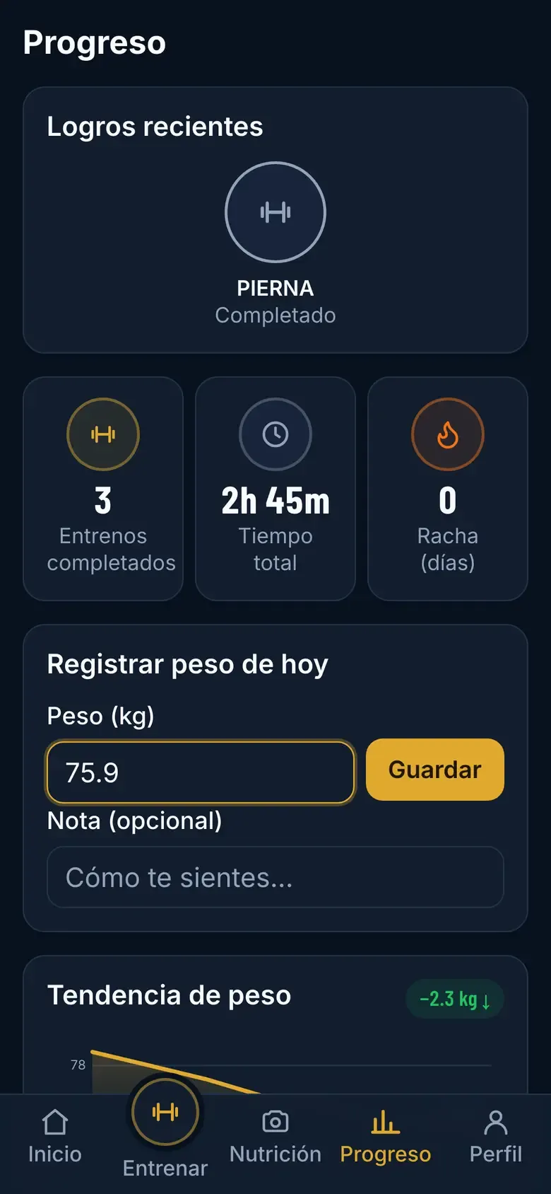 Tarjeta Registrar peso de hoy con el peso escrito antes de guardar