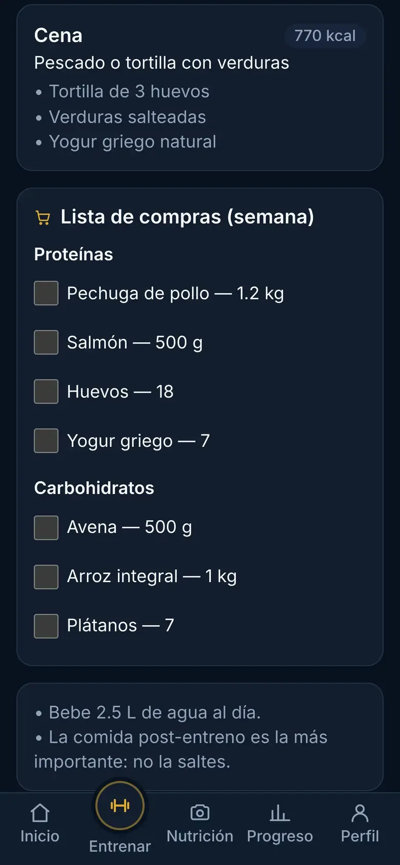 Lista de compras semanal organizada por categorías, con casillas para marcar