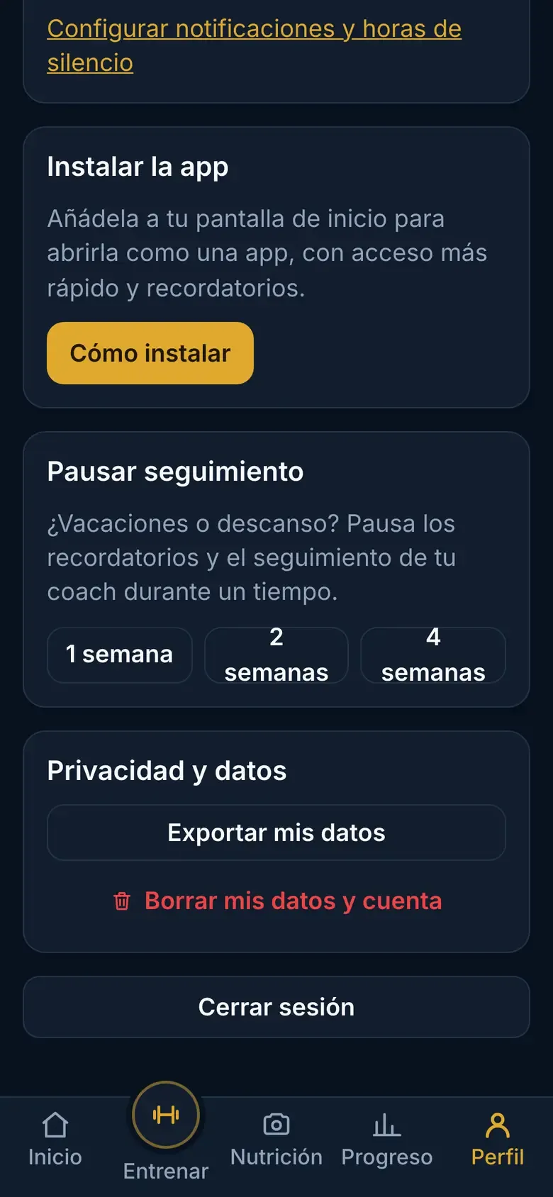 Tarjeta «Instalar la app» con el botón «Cómo instalar» en la pestaña Perfil