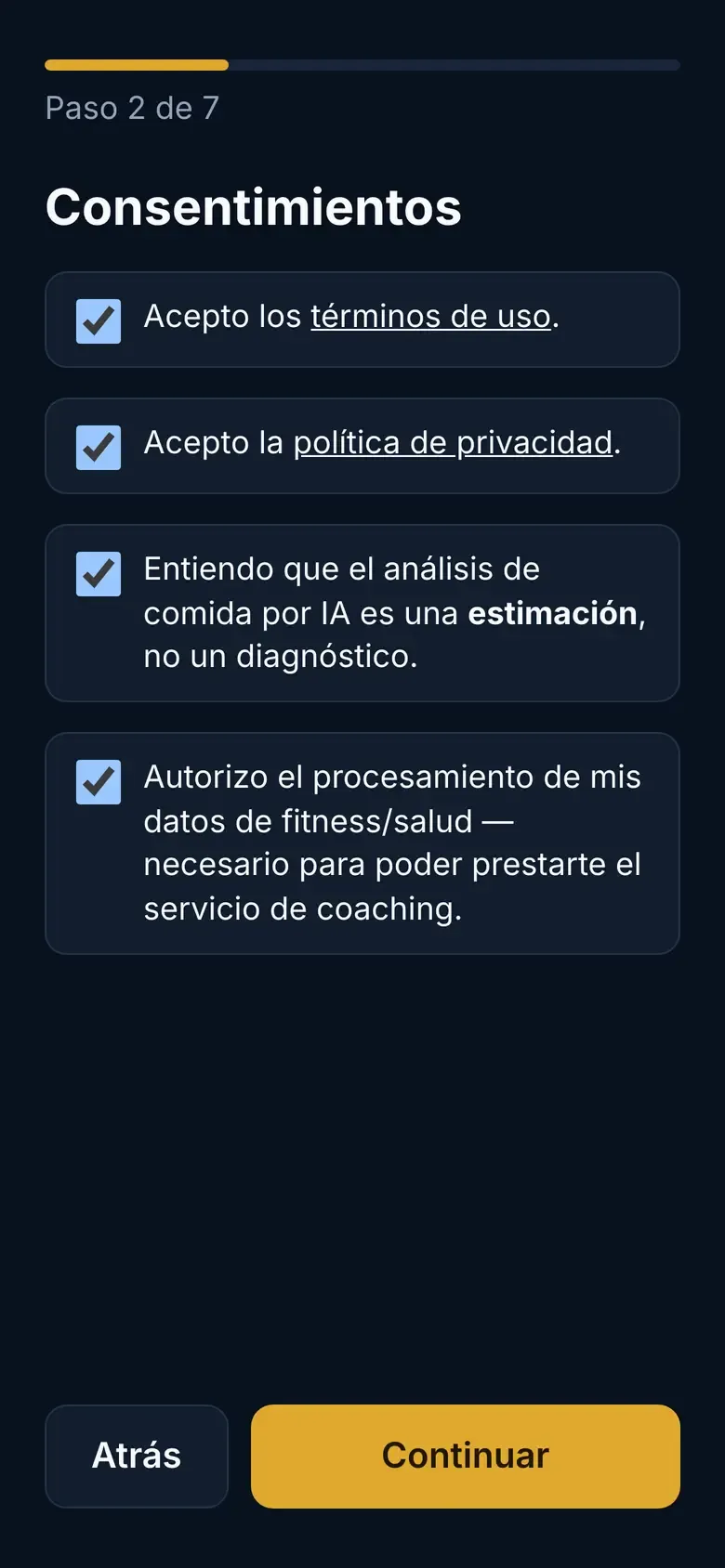 Paso de consentimientos con las cuatro casillas marcadas