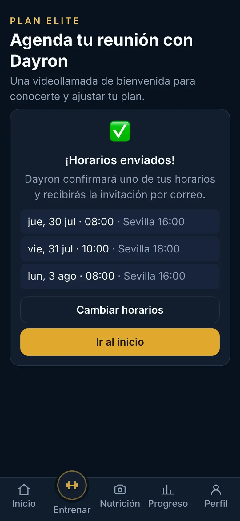 Propuesta enviada: Dayron confirmará uno de los horarios propuestos