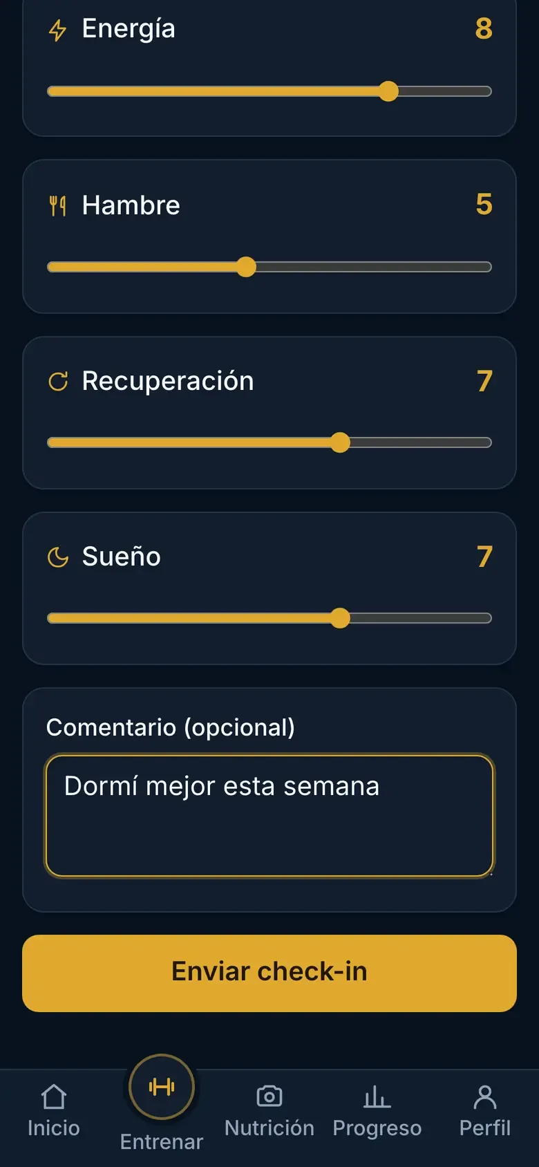 Formulario del check-in diario con los cuatro controles de energía, hambre, recuperación y sueño