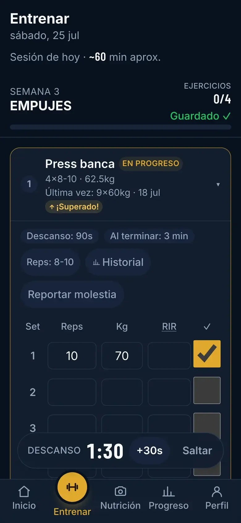Píldora de descanso con la cuenta atrás de 1:30 y los botones +30s y Saltar