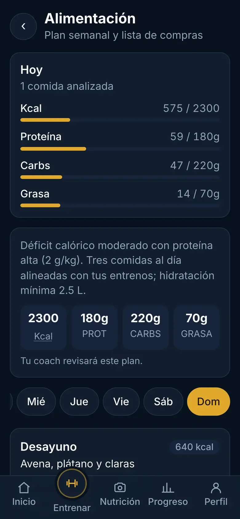 Tarjeta Hoy actualizada tras registrar una comida, con las barras de calorías y macros avanzando