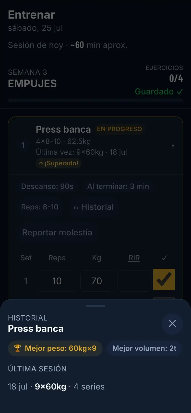 Hoja de historial de Press banca con mejor peso 60 kg por 9 repeticiones, mejor volumen y la última sesión