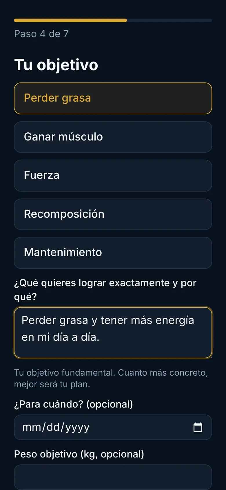 Paso Tu objetivo con «Perder grasa» seleccionado y la meta escrita