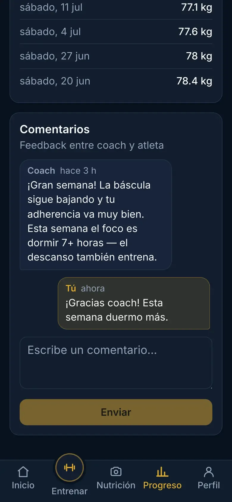 Hilo de comentarios con el mensaje del coach y la respuesta del atleta