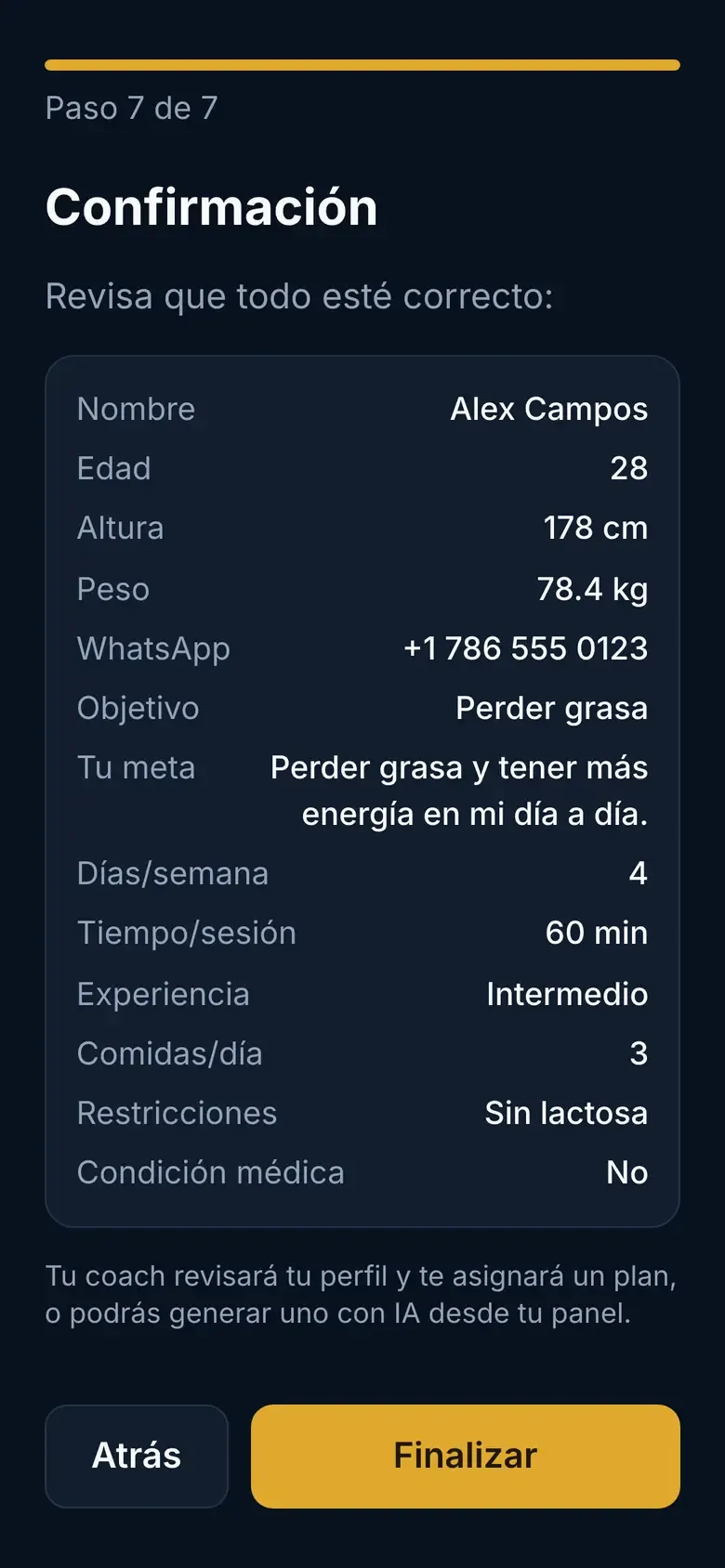 Paso de confirmación con el resumen del perfil y el botón Finalizar