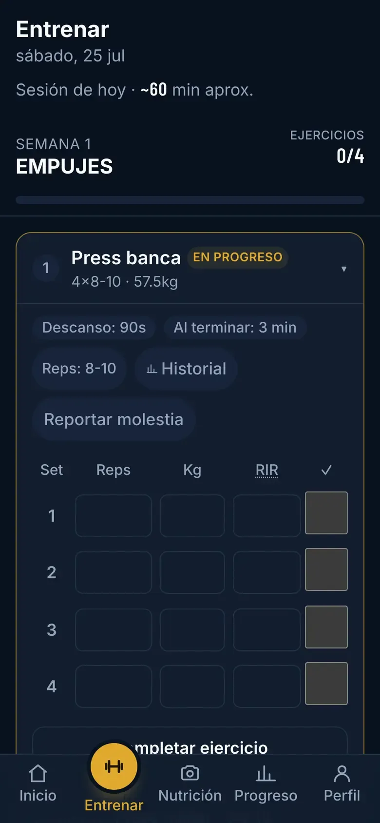 La pestaña Entrenar con tu primer entrenamiento (EMPUJES, semana 1): el primer ejercicio abierto y las series a 0 de 4